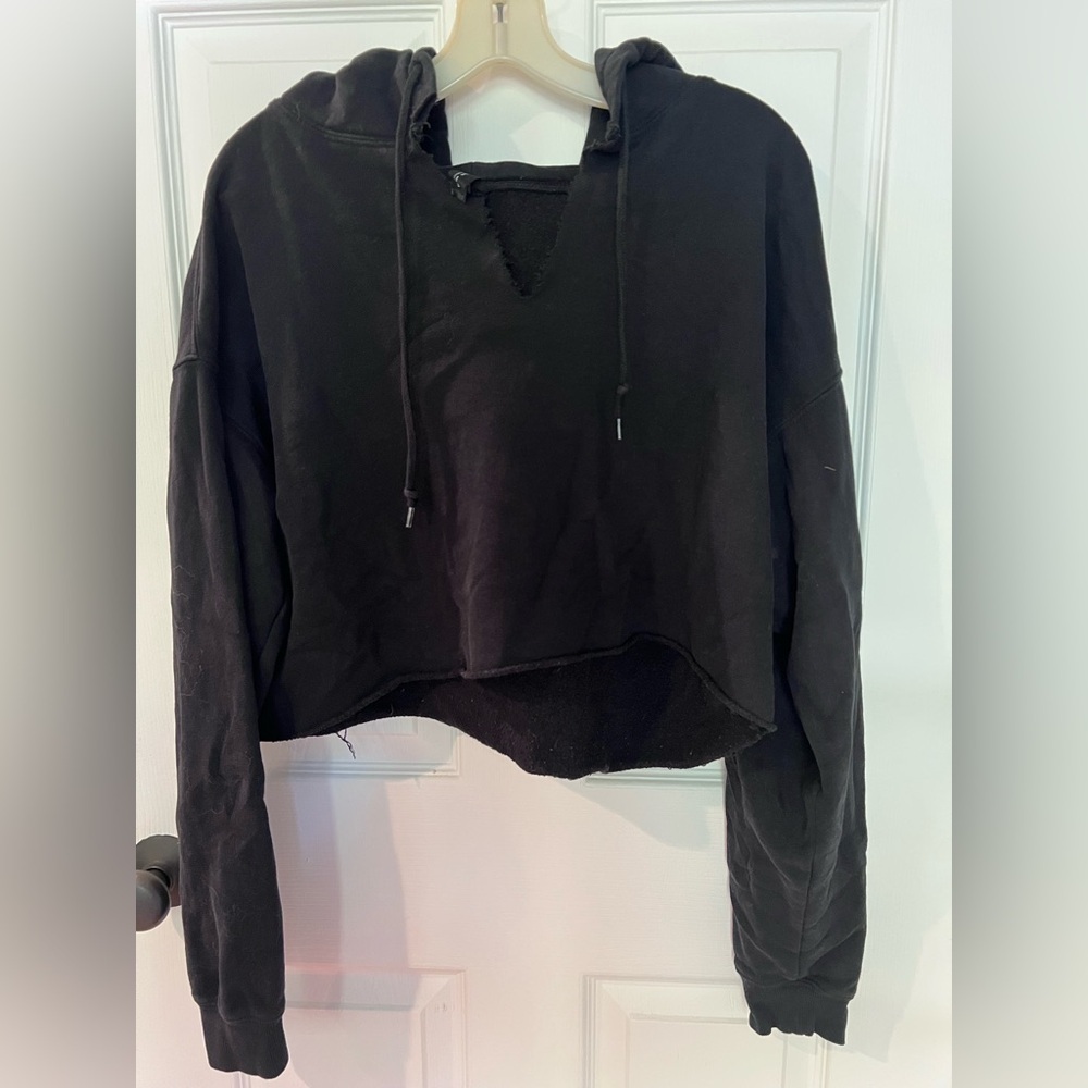 Urban Outfitters out from under-Black Distressed Cropped Hoodie